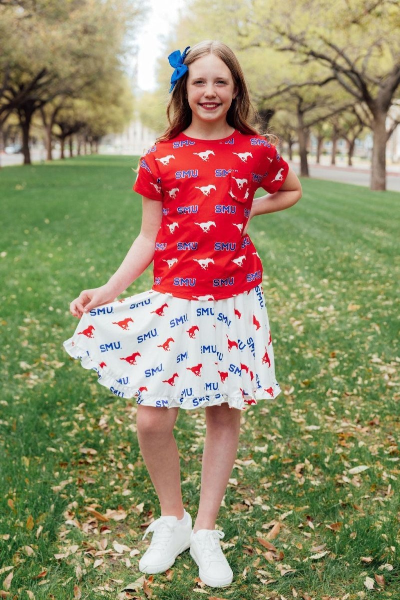 Mila & Rose ® SMU Red Mustang Ruffle Pocket Tee Girls Spirit Day - Everetts Place Boutique - 