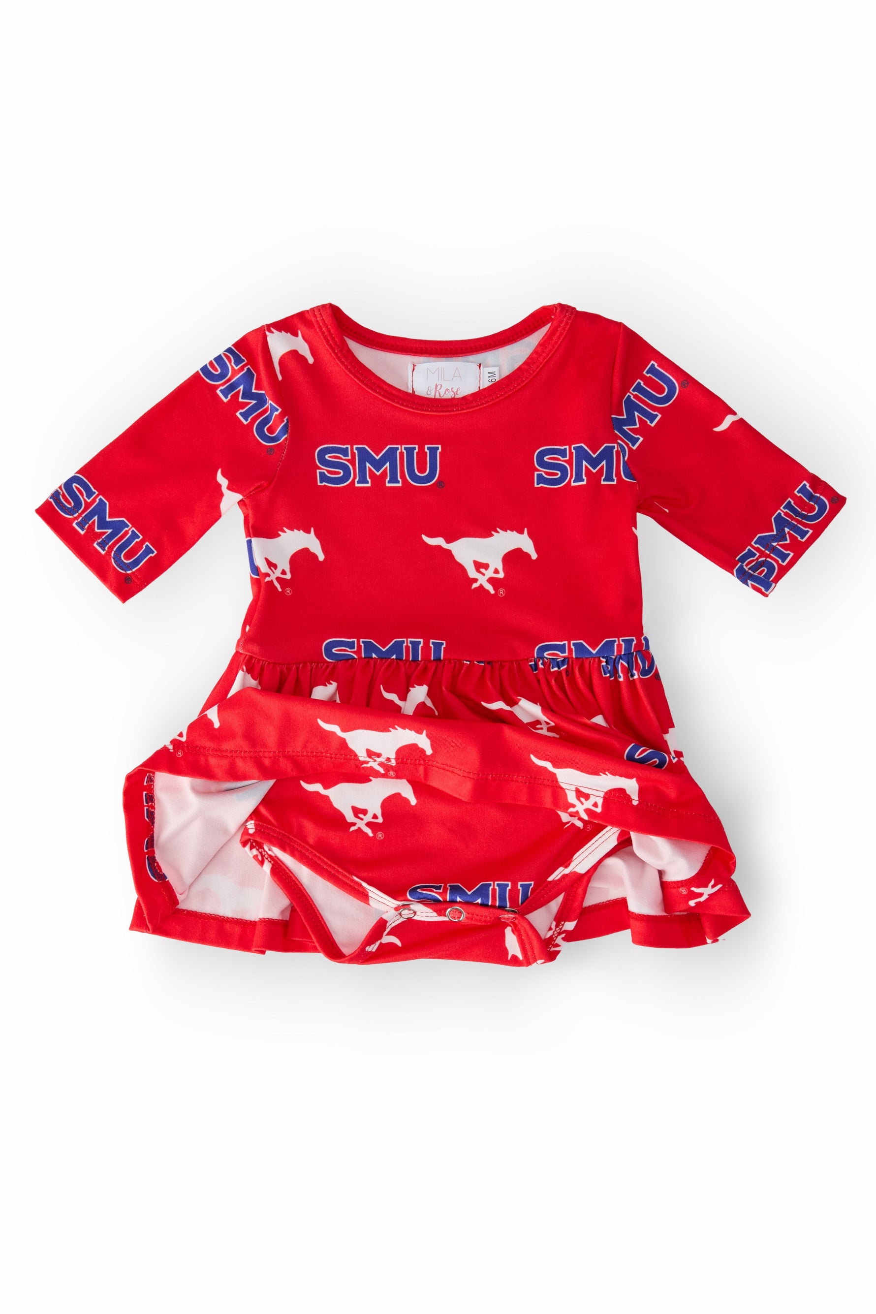 SMU Red Mustang Three Quarter Sleeve Twirl Bodysuit Mila & Rose ® Everetts Place: Online Boutique