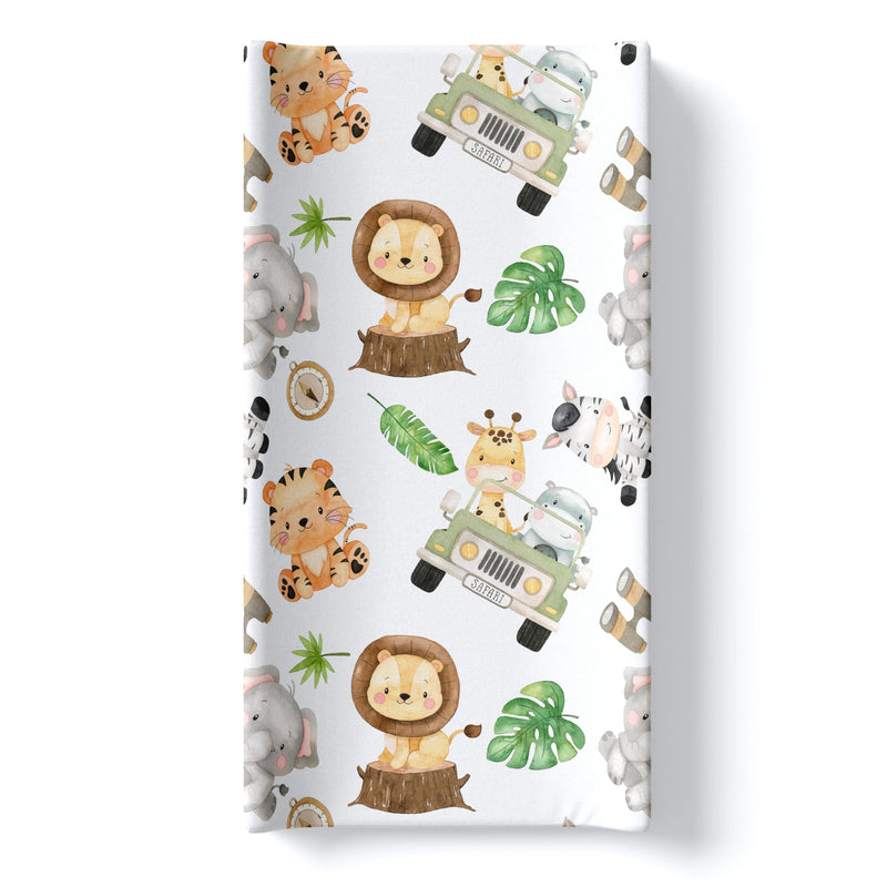 Safari-themed changing pad cover with soft, stretchy fabric and adorable animal prints.