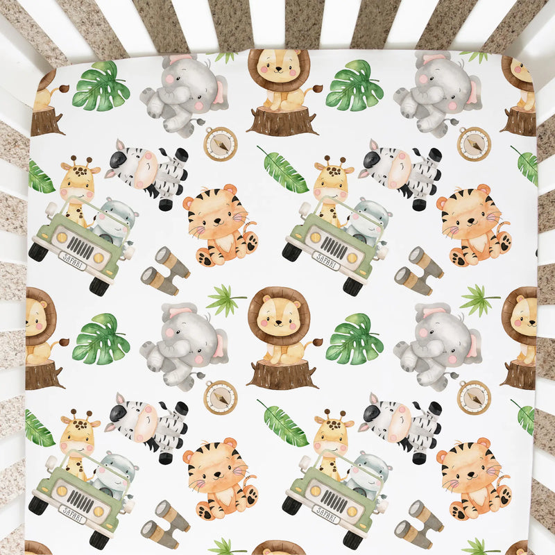 Fitted crib sheet with safari animal pattern in a standard size crib.