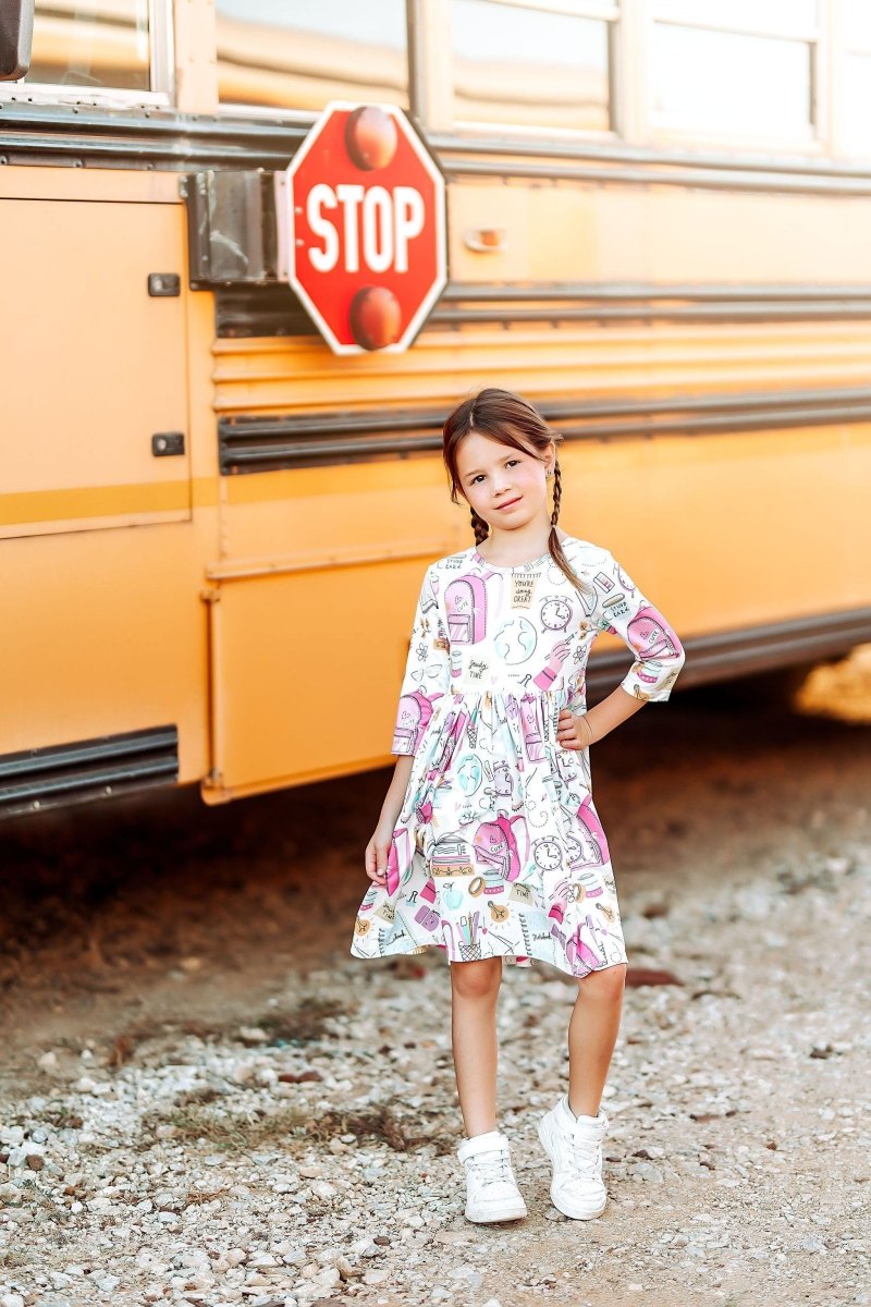 Mila & Rose ® School Is Cool Three Quarter Sleeve Twirl Dress With Pocket - Everetts Place Boutique - 