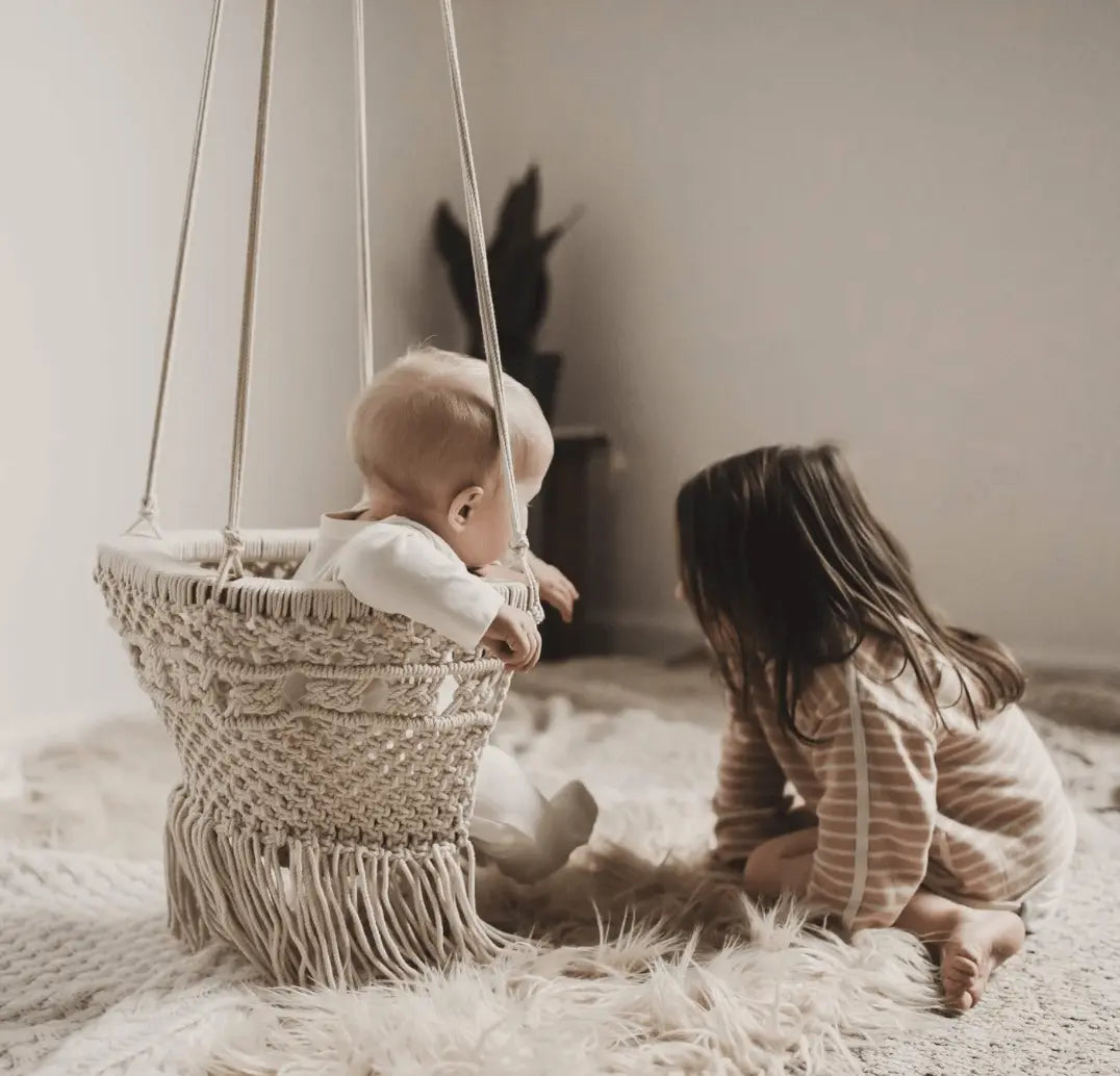Handmade Organic Macrame Baby Swing - Safe Stylish Sustainable Indoor Outdoor Use Finn + Emma