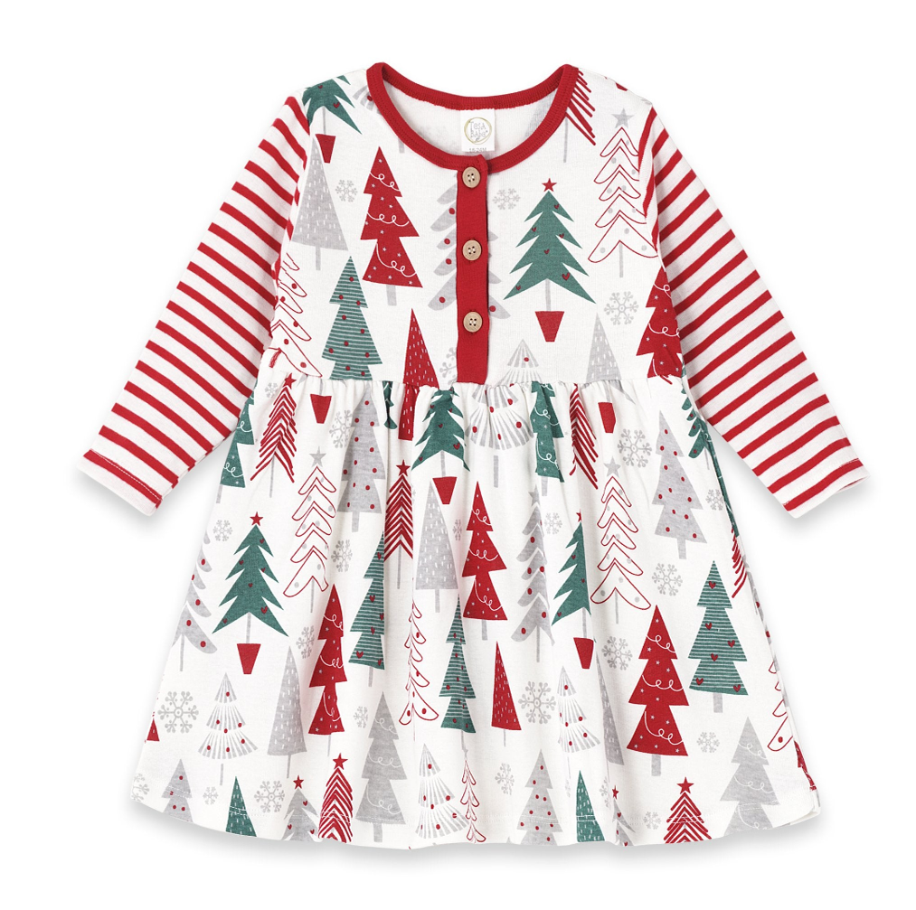 Baby Girl's Cotton Rib Christmas Trees Dress