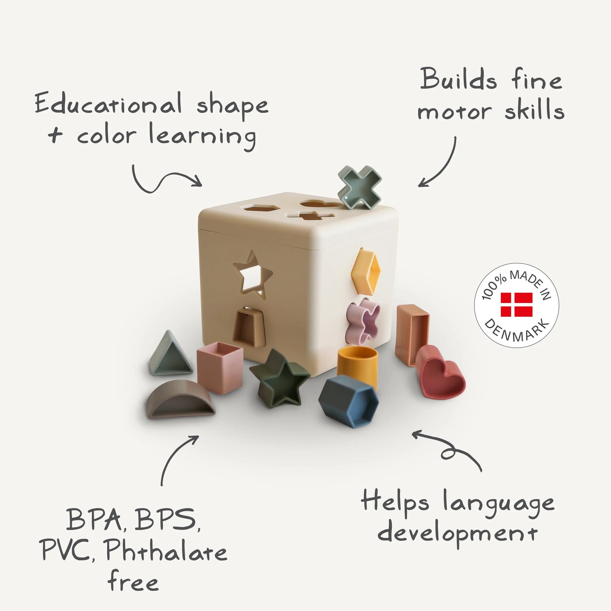 Shape Sorting Box for Kids Made in Denmark with 12 Soft Color Shapes for Fine Motor Skill Development Mushie
