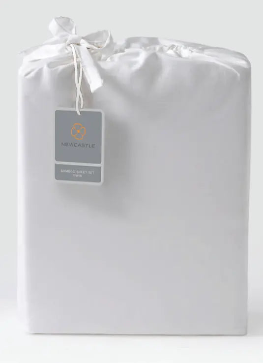 Bamboo sheet set package in white, featuring eco-friendly and luxurious fabric.
