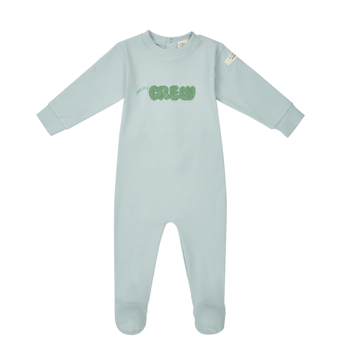 Crew Kids NY green athletic long sleeve baby onesie with cuff sleeves & snaps.