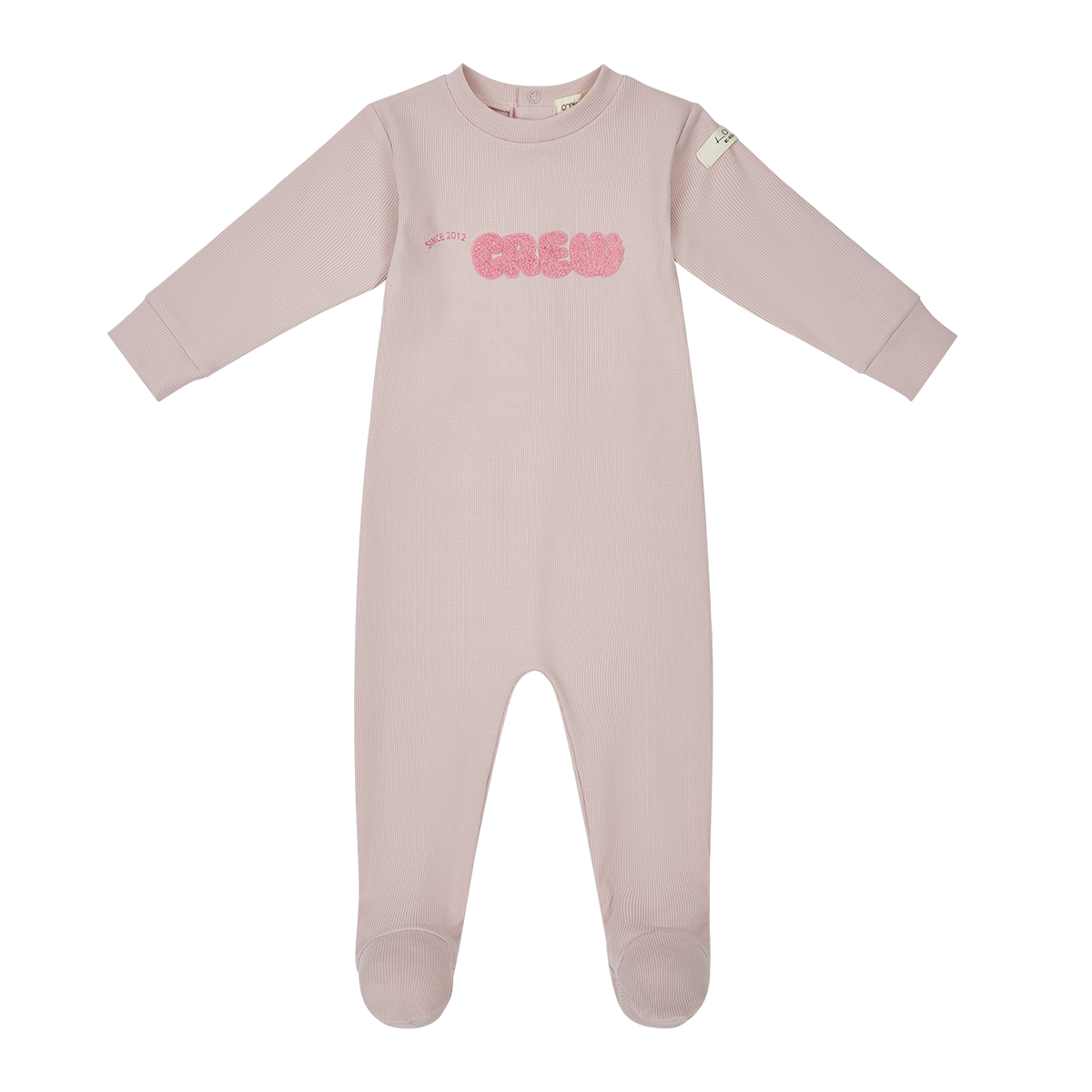 Crew Kids NY pink athletic footie long sleeve baby onesie with snaps.