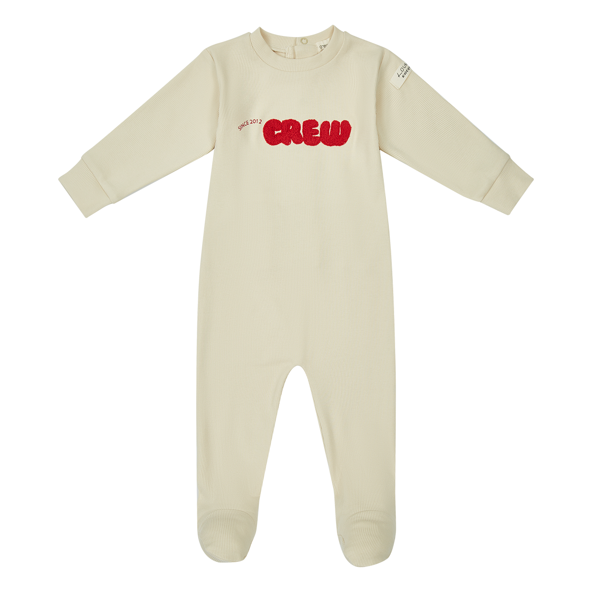 Crew Kids NY stone athletic footie long sleeve baby onesie.