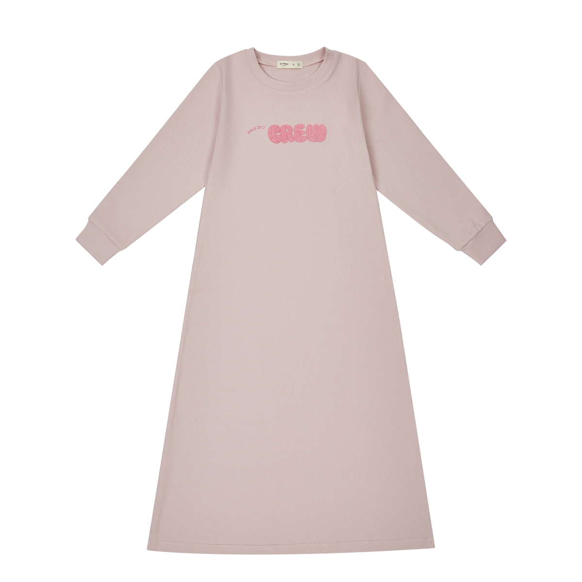 Pink long sleeve athletic nightgown for kids with crewneck & patch detail by Crew Kids NY.