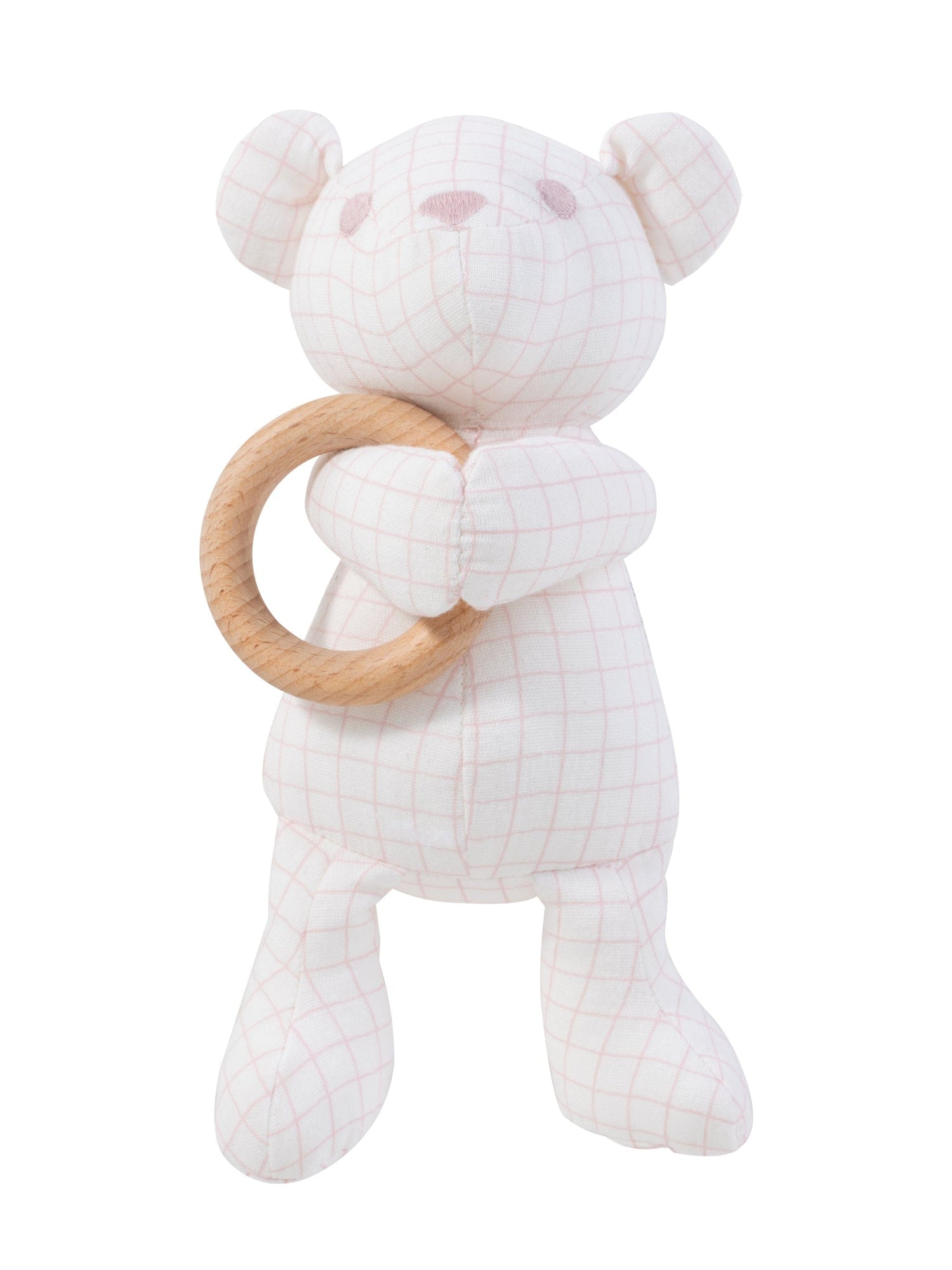 KIPP Collection Plush Teddy Bear with Grid Print and Wooden Ring for Babies by KIPP™ Collection at Everetts Place