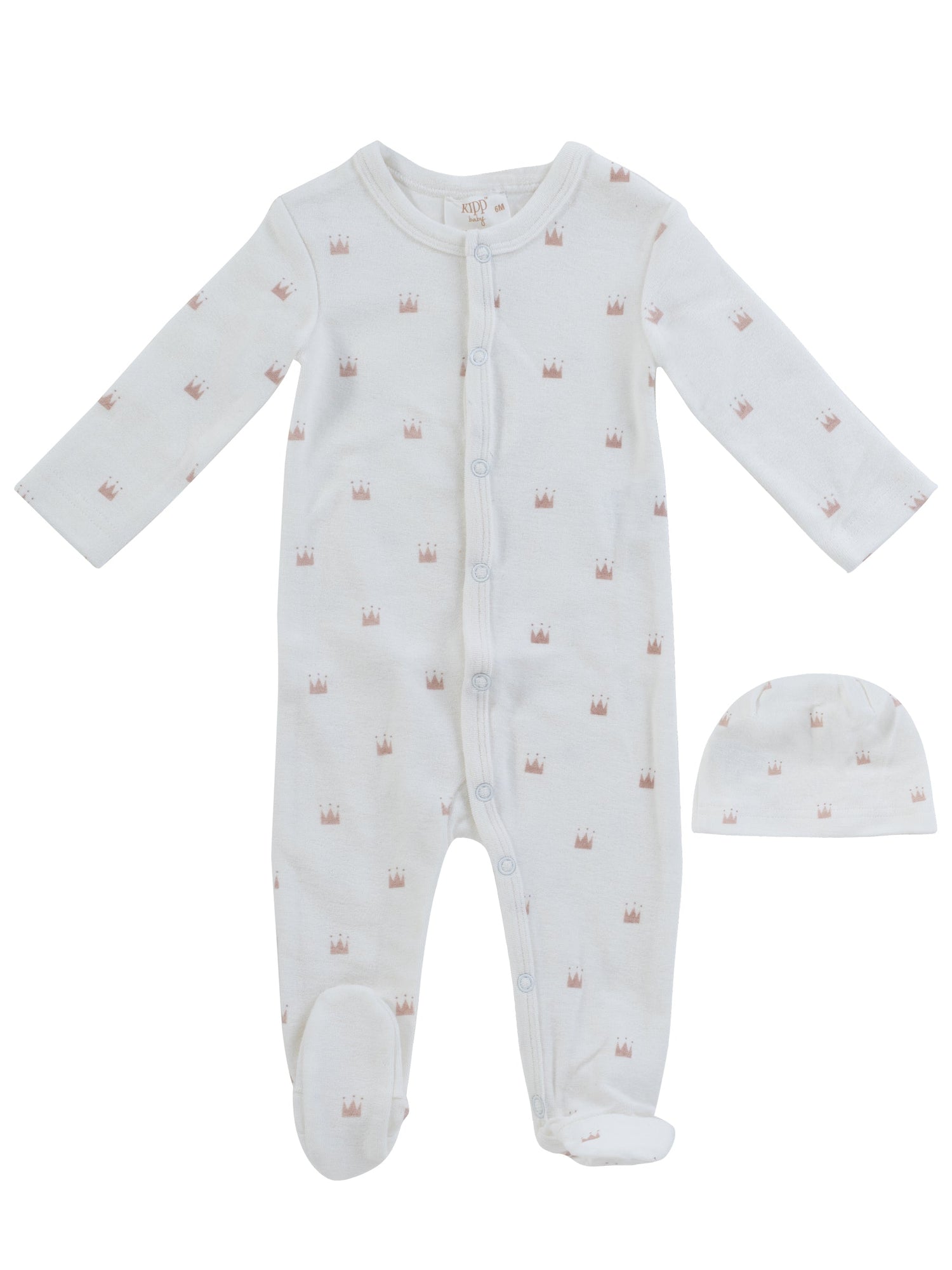 KIPP Collection Terry Footie and Hat Set With Crown Print In Pink For Babies