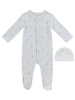 Little Crown Pattern Terry Footie + Hat - Blue - White, Button, Clothing, Hat | Everetts Place