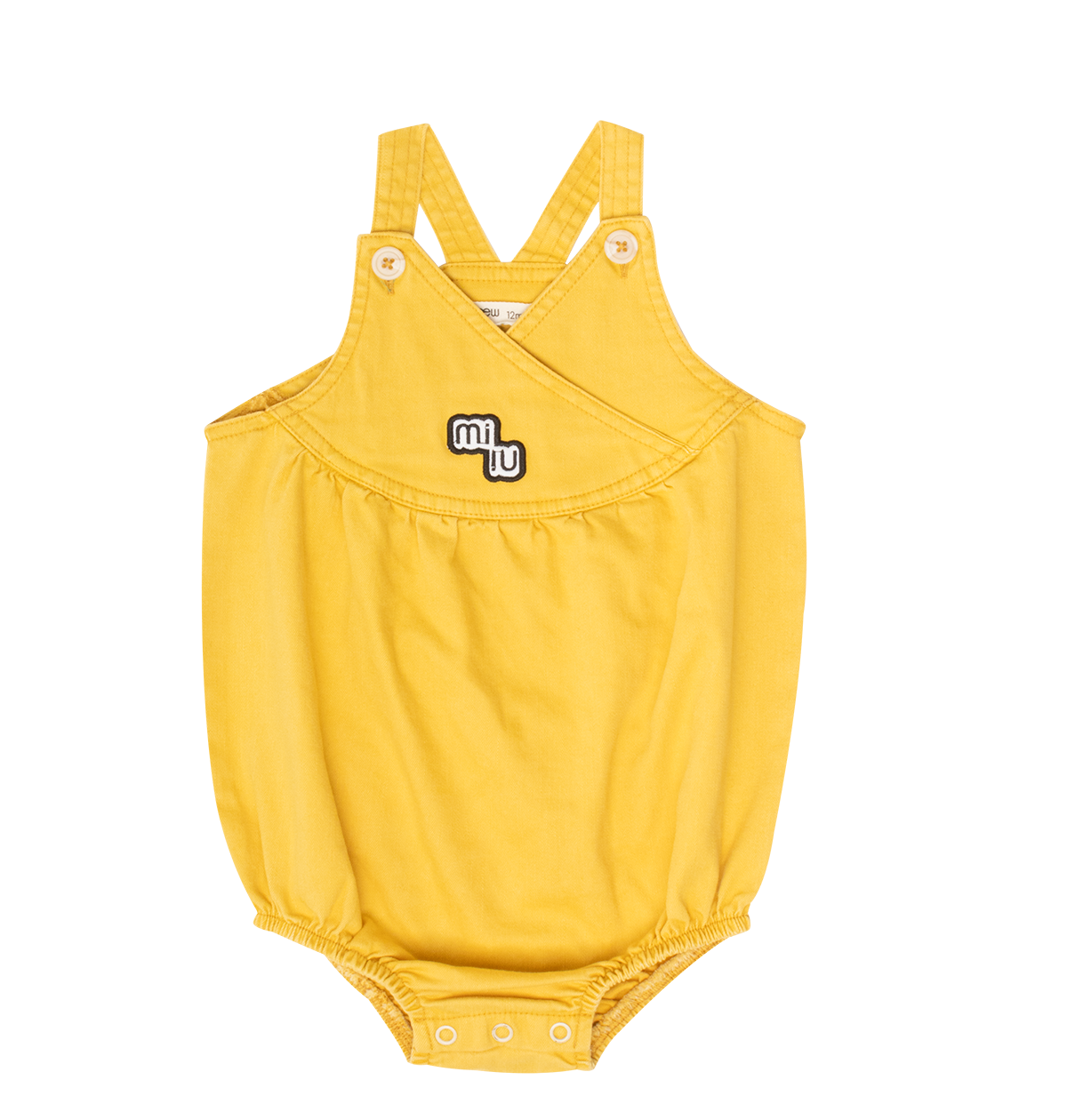 Raine Bubble Crossover Romper Yellow Button Patch Detail For Baby And Toddler