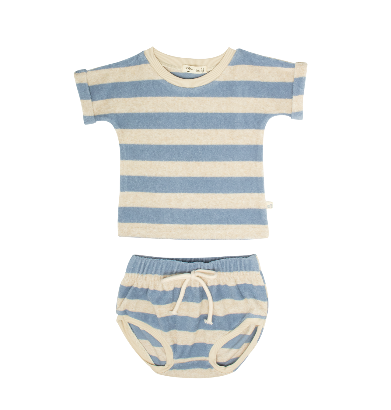 Crew Kids NY Addie blue baby terry set: crewneck tee with rolled cuffs & drawstring bottoms.