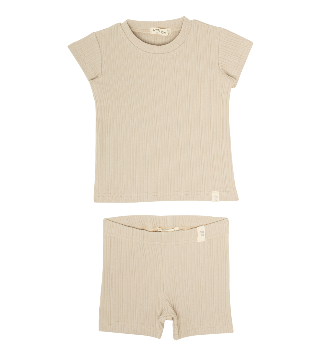 Mila Short Rib Set Taupe Textured Short Sleeve Tee With Patch Detail And Shorts