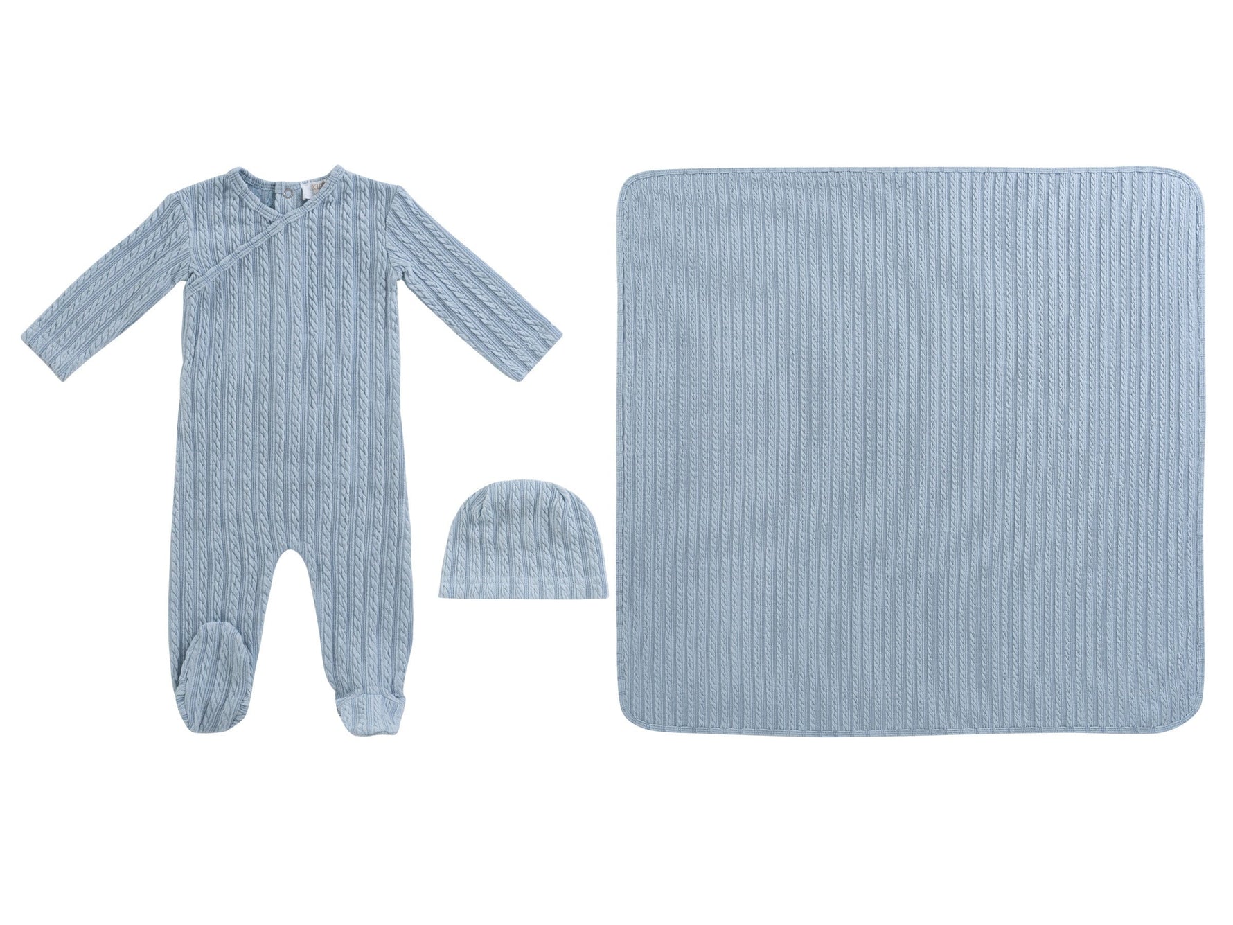 Cable Wrap Footie 3PC Set - Blue - Textile, Baby & Toddler Clothing, Button, Pattern, Linens | Everetts Place