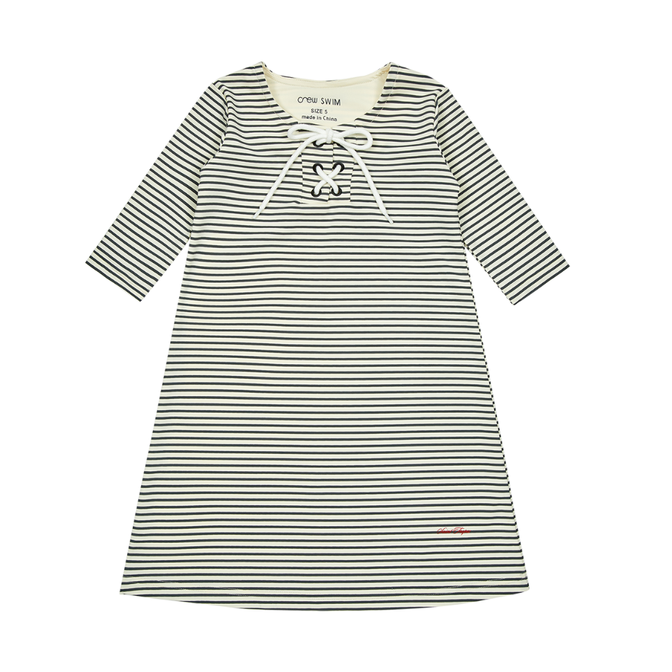 Nautical Navy Three Quarter Sleeve Swim Dress With White Lace Front Tie