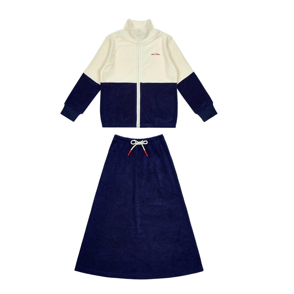 Blue Nautical Terry Maxi Set With Zip Jacket And Elastic Waistband Skirt