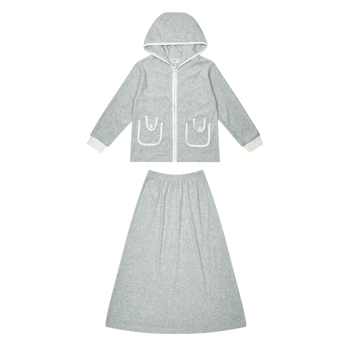 Piped Terry Maxi Set Hooded Zip Up Jacket And Matching Skirt Grey