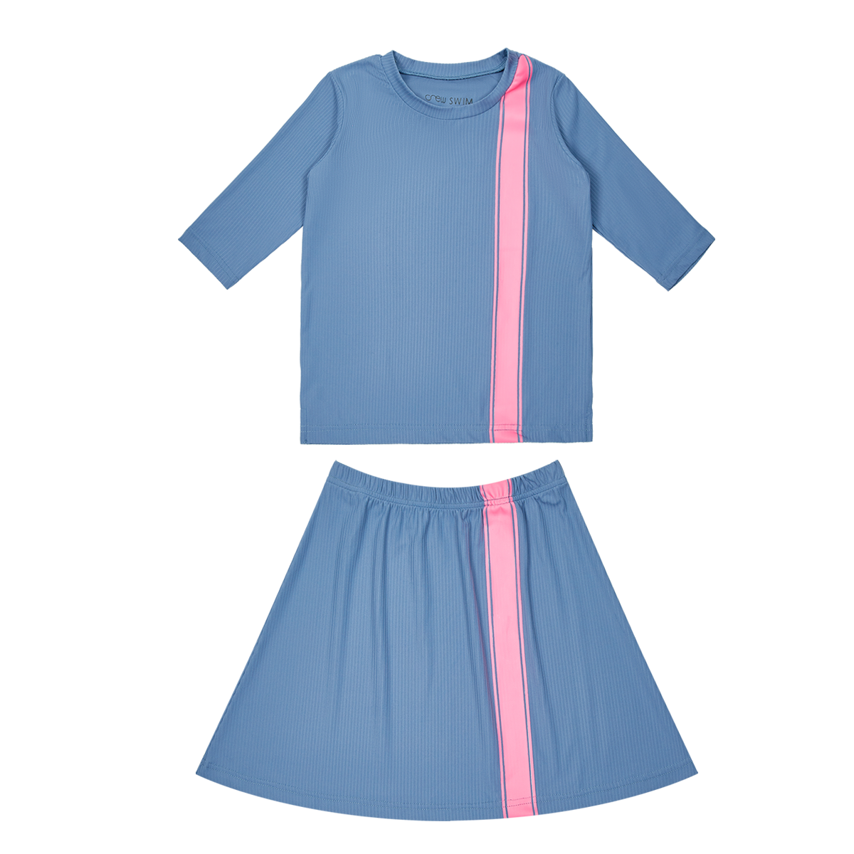 Sport Stripe Swim Set Blue With Elastic Waist Skirt And Three Quarter Sleeve Top