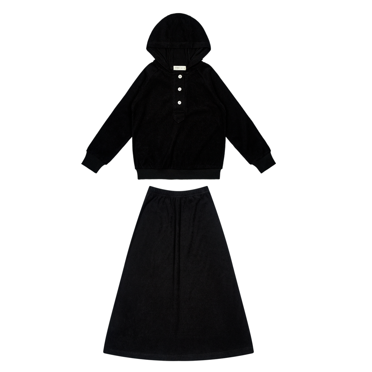 Black Terry Hooded Top And Maxi Skirt Set For Kids