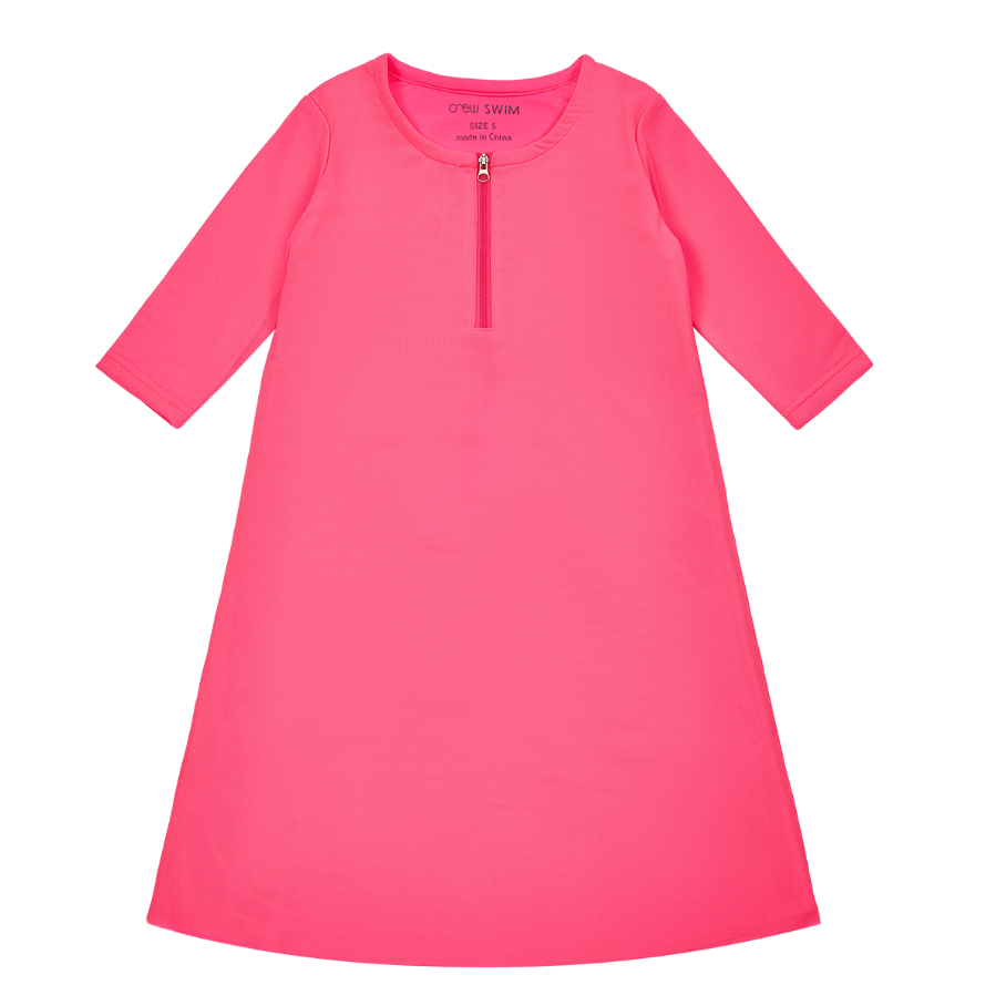 Girls Mesh Neon Swim Dress Pink Three Quarter Sleeve Front Zipper