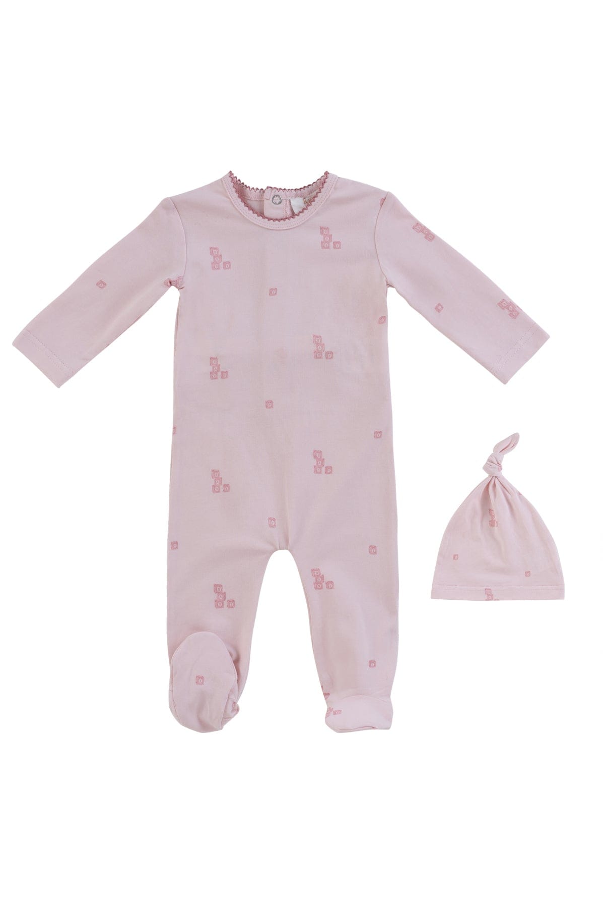 KIPP Collection Baby Footie and Hat Set with Block Print in Pink for Newborns