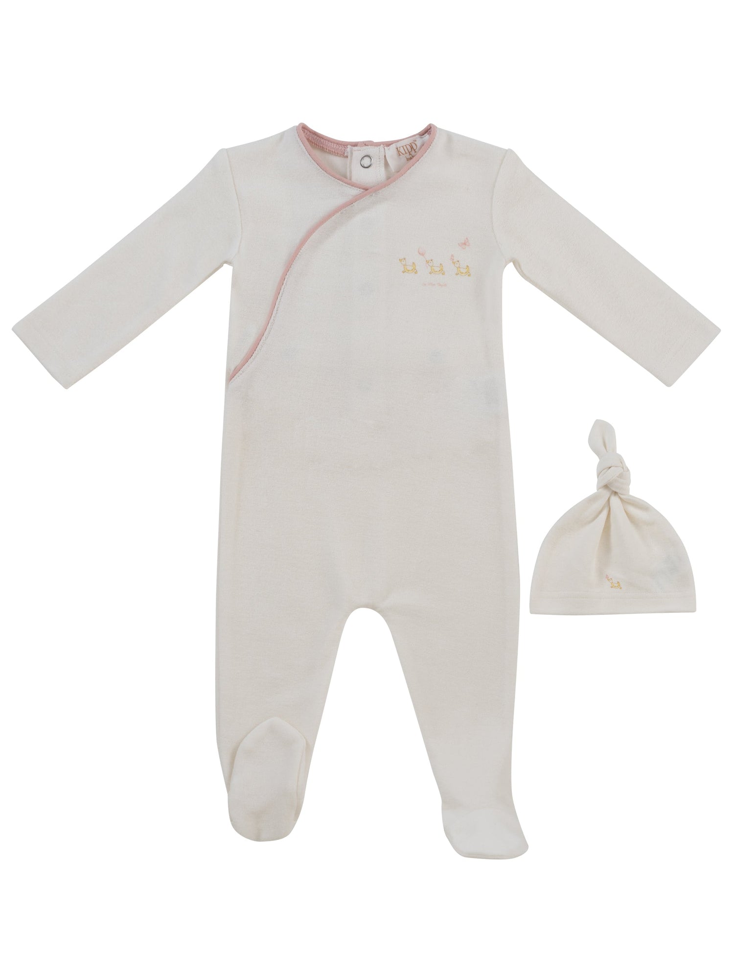 KIPP Collection Terry Footie And Hat Set With Embroidered Detail For Baby Girls