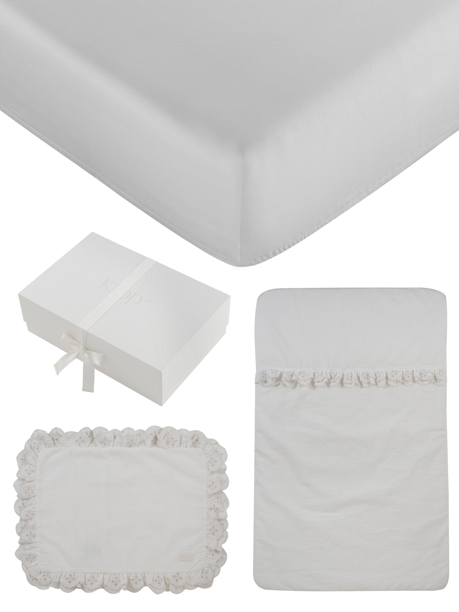 KIPP Collection Mini Crib Set With White Ruffle Trim And Patch Details For Baby by KIPP™ Collection at Everetts Place