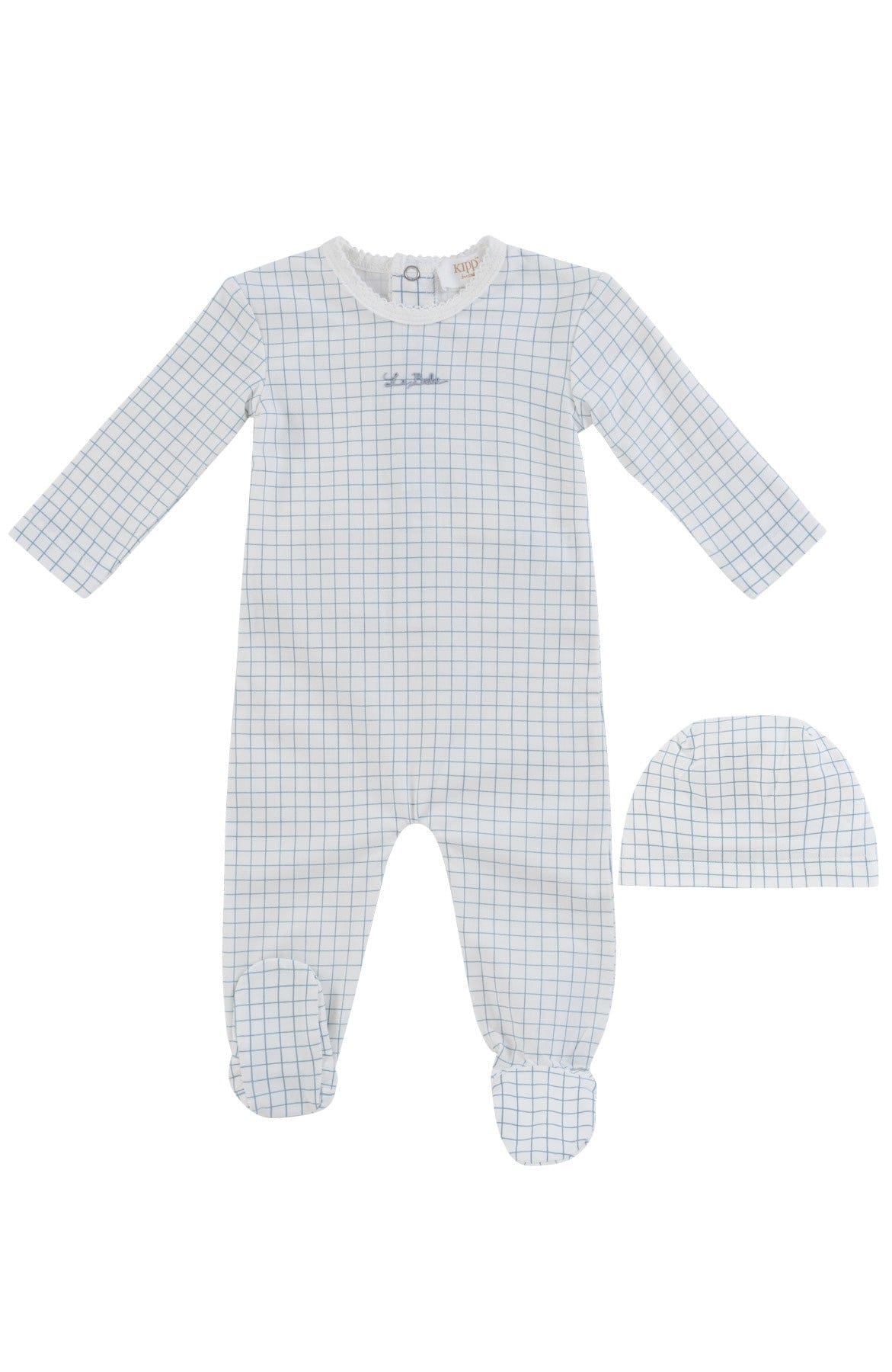 KIPP Collection Footie and Hat Set with Grid Print Embroidered Detail for Baby