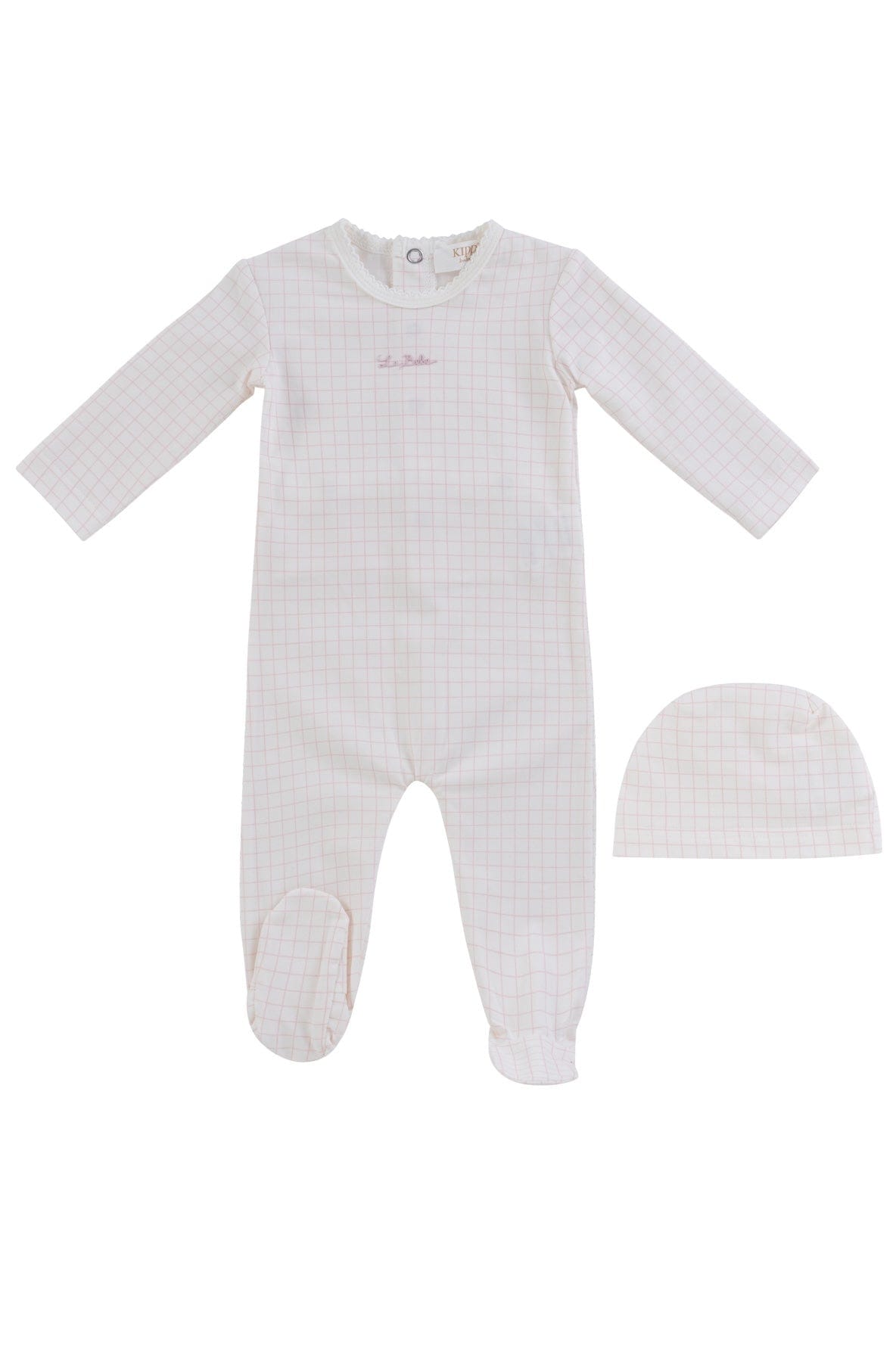 KIPP Collection Footie And Hat Set With Grid Print Embroidery For Baby Girls
