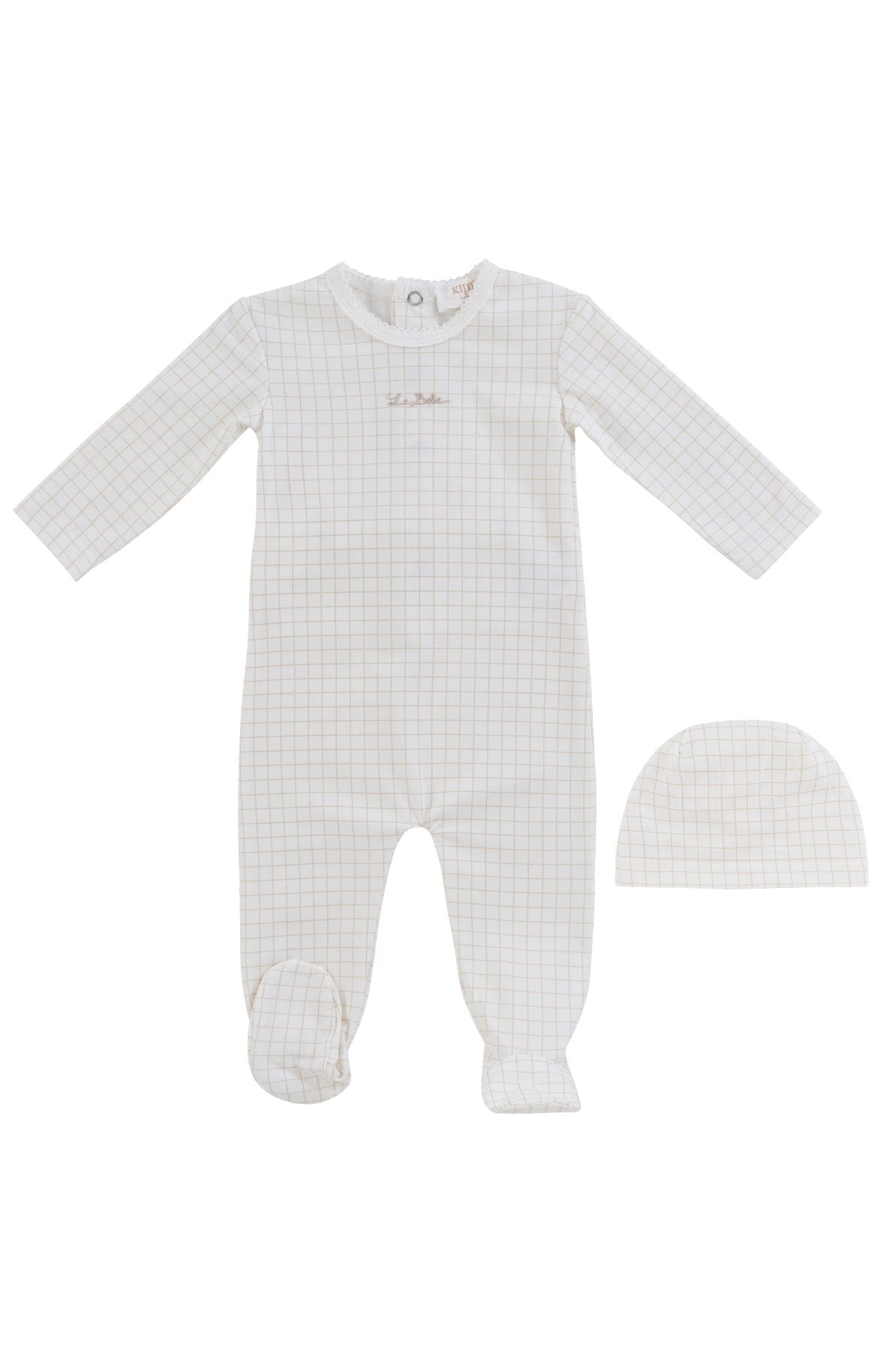 KIPP Collection Footie and Hat Set with Grid Print Embroidery for Newborns