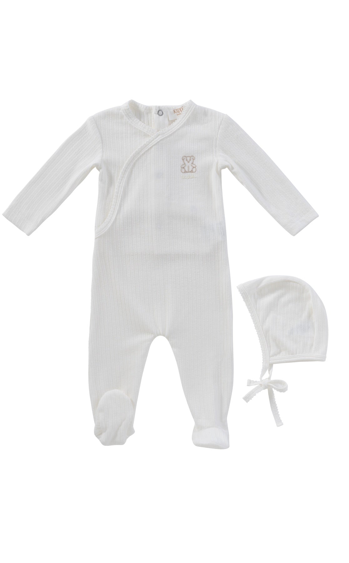 KIPP Collection Teddy Wrap Footie with Embroidered Stone Bonnet for Newborns