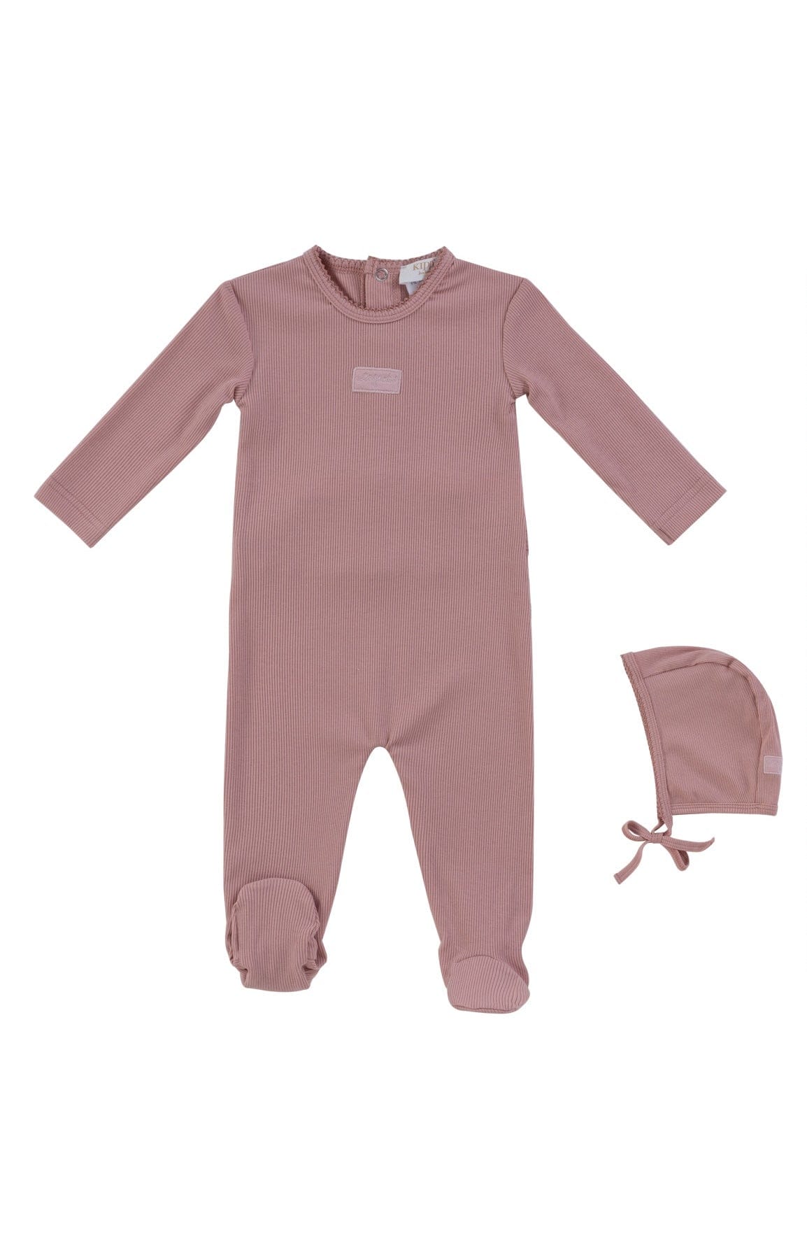 Kipp Collection Ribbed Footed Onesie And Hat Set With Front Patch For Baby Girls