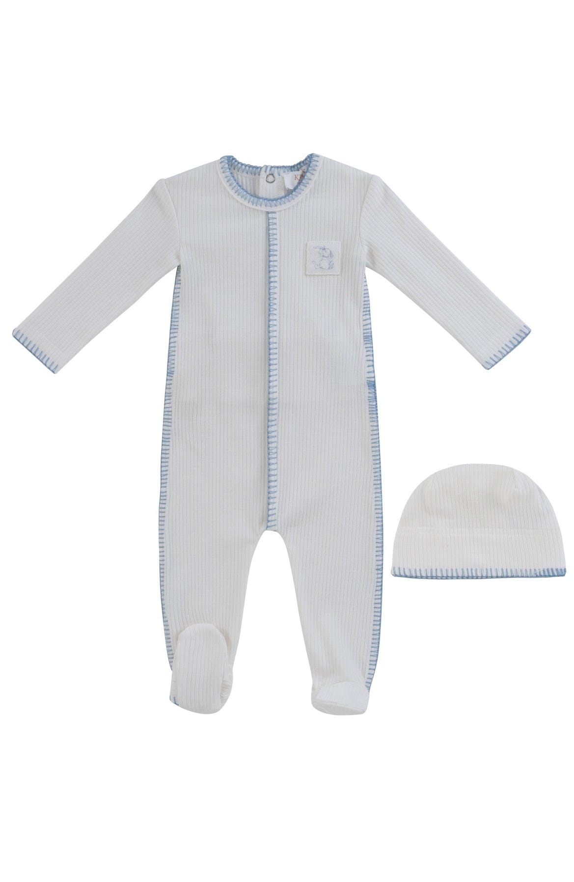 KIPP Collection Blue Ribbed Footie with Patch and Matching Hat for Babies