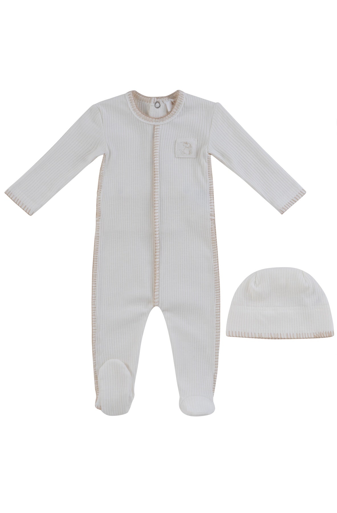 KIPP Collection Ribbed Footie With Front Patch And Matching Hat Stone For Babies