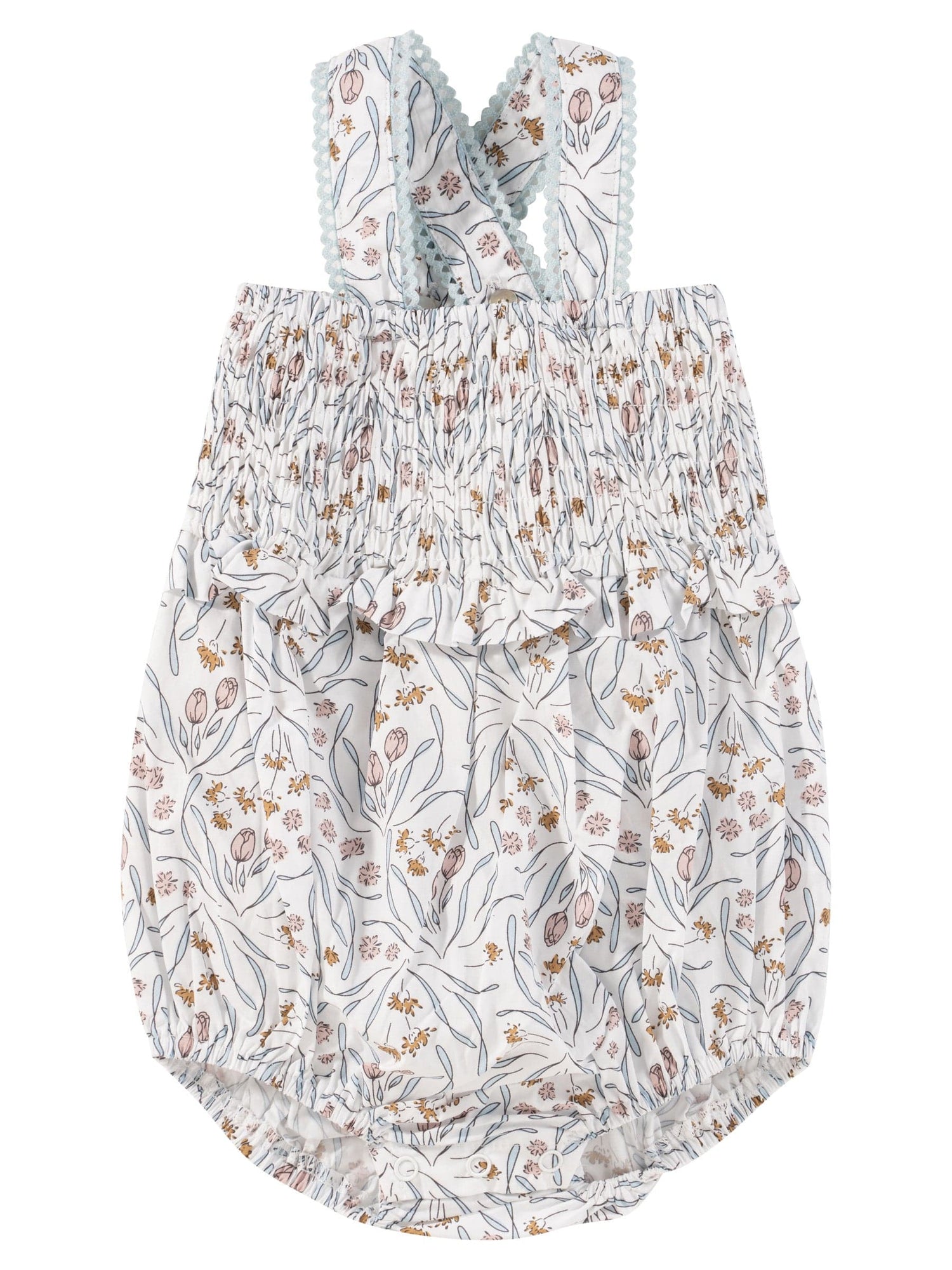 KIPP Romper Smocked Shoulder Strap with Ruffle Trim Floral for Baby Girls