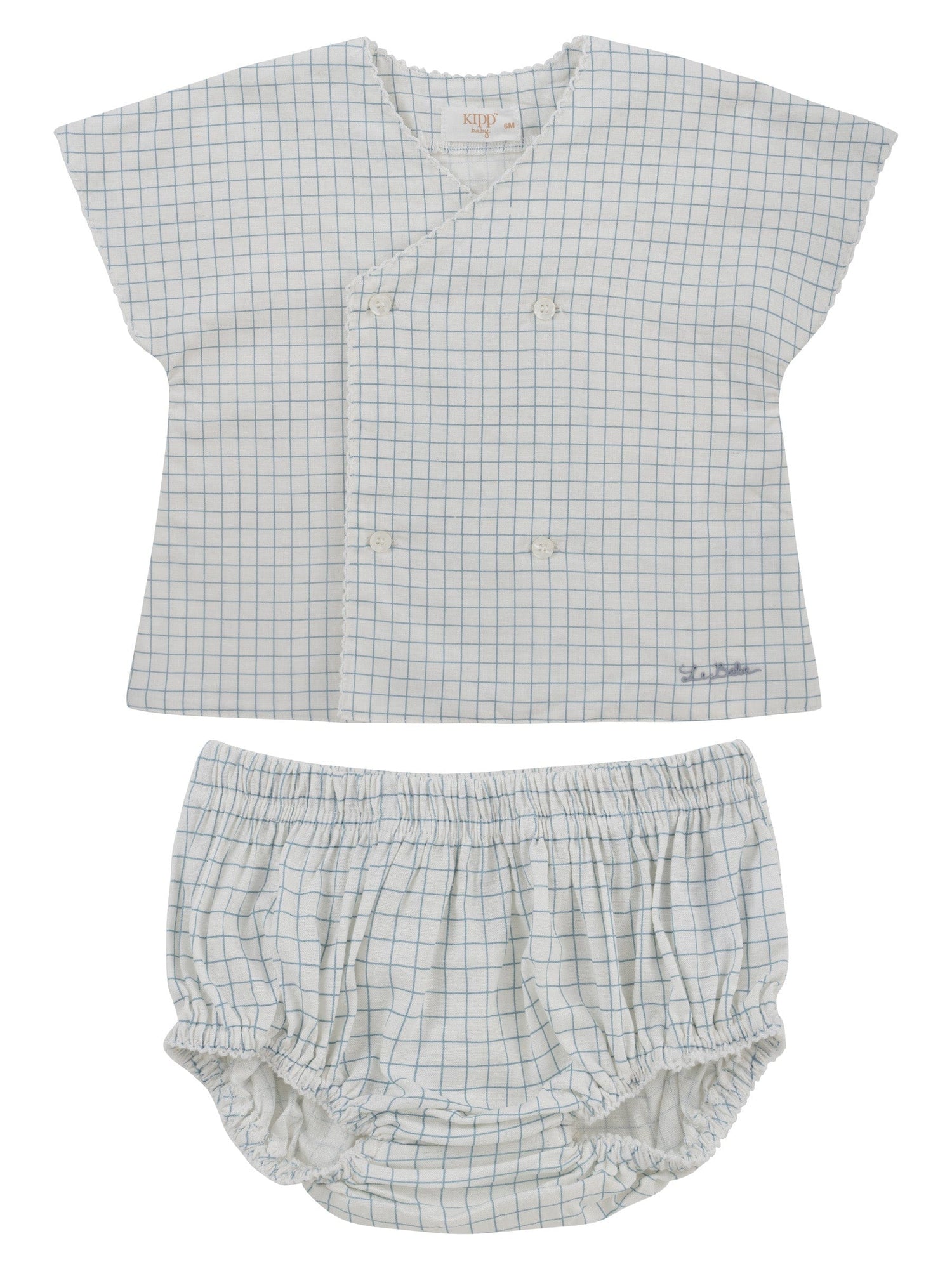 KIPP Collection Baby Grid Print Set With Wrap Top And Buttoned Bottoms In Blue
