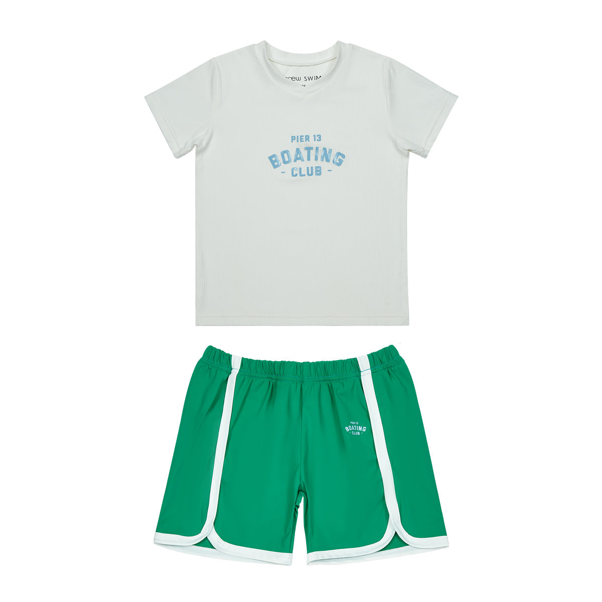 Pier 13 Boys Green Swim Set With Graphic Shirt And Drawstring Shorts