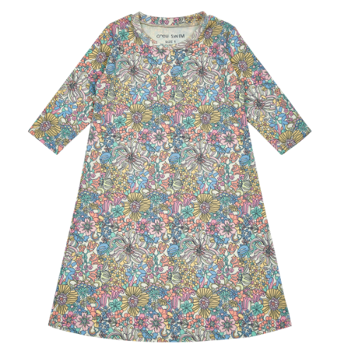 Floral Graphic Print Swim Dress For Girls Three Quarter Sleeve Multi Color