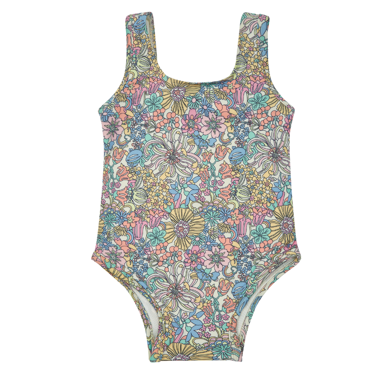 Girls Floral Graphic Print One Piece Swimsuit Multicolor Crew Kids NY
