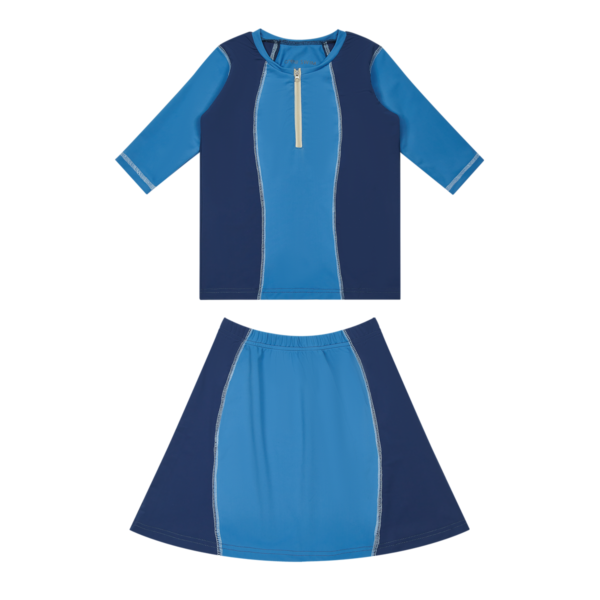 Colorblock Swim Set With Front Zipper Top And Matching Skirt Blue Or Coral