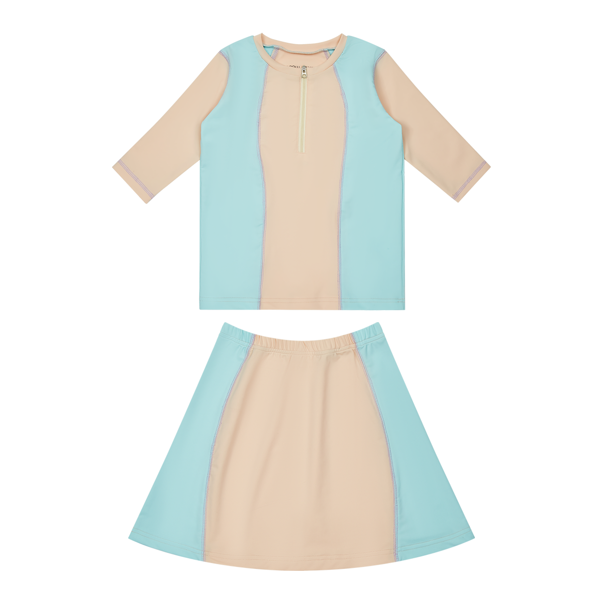 Girls Colorblock Swim Set With Front Zip Top And Matching Skirt Coral