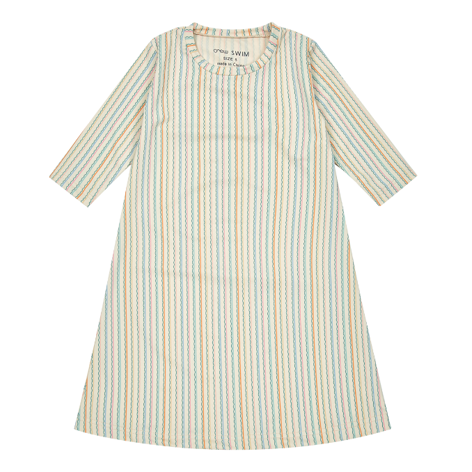 Stripe Swim Dress With Graphic Print Multicolor Three Quarter Sleeve