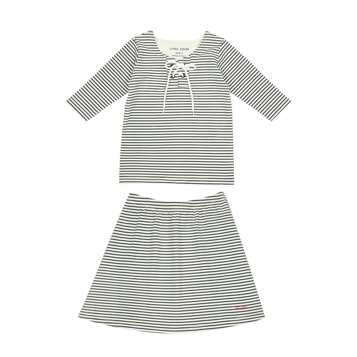 Nautical Navy Kids Swim Set With Lace Front Tie Top And Skirt Graphic Detail