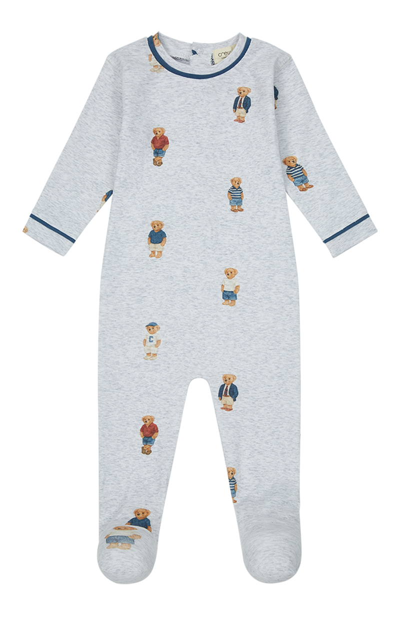 Crew Kids NY Bear Footie Grey Blue Long Sleeve Baby Onesie With Graphic Print
