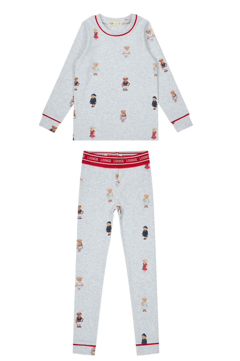 Teddy Bear Print Crewneck Pajama Set For Kids Grey Red
