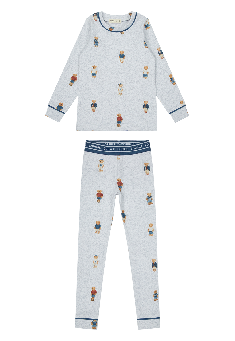 Teddy Bear Graphic Long Sleeve Pajama Set For Kids Grey Blue
