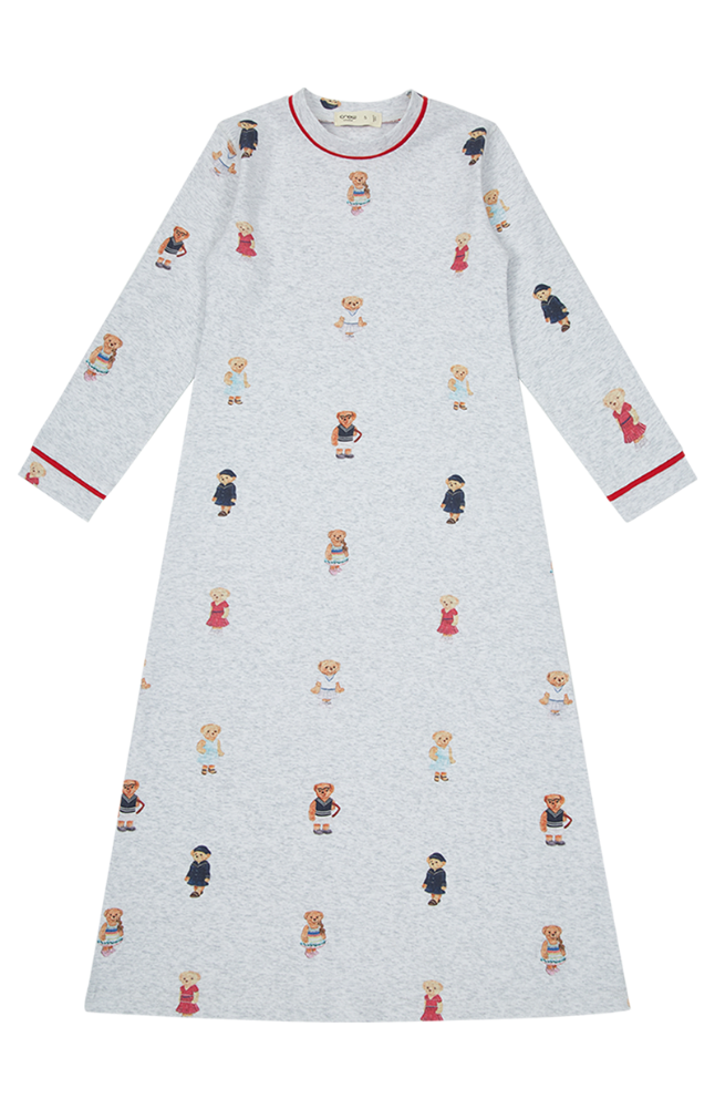Teddy Nightgown Grey Red Bear Print Long Sleeve Grandpa Style Kids Nightgown by Crew Kids NY at Everetts Place