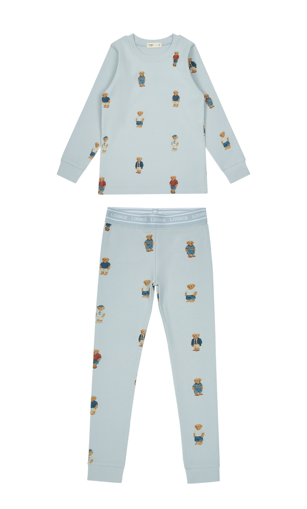 Teddy Bear Graphic Pajama Set for Kids in Light Blue